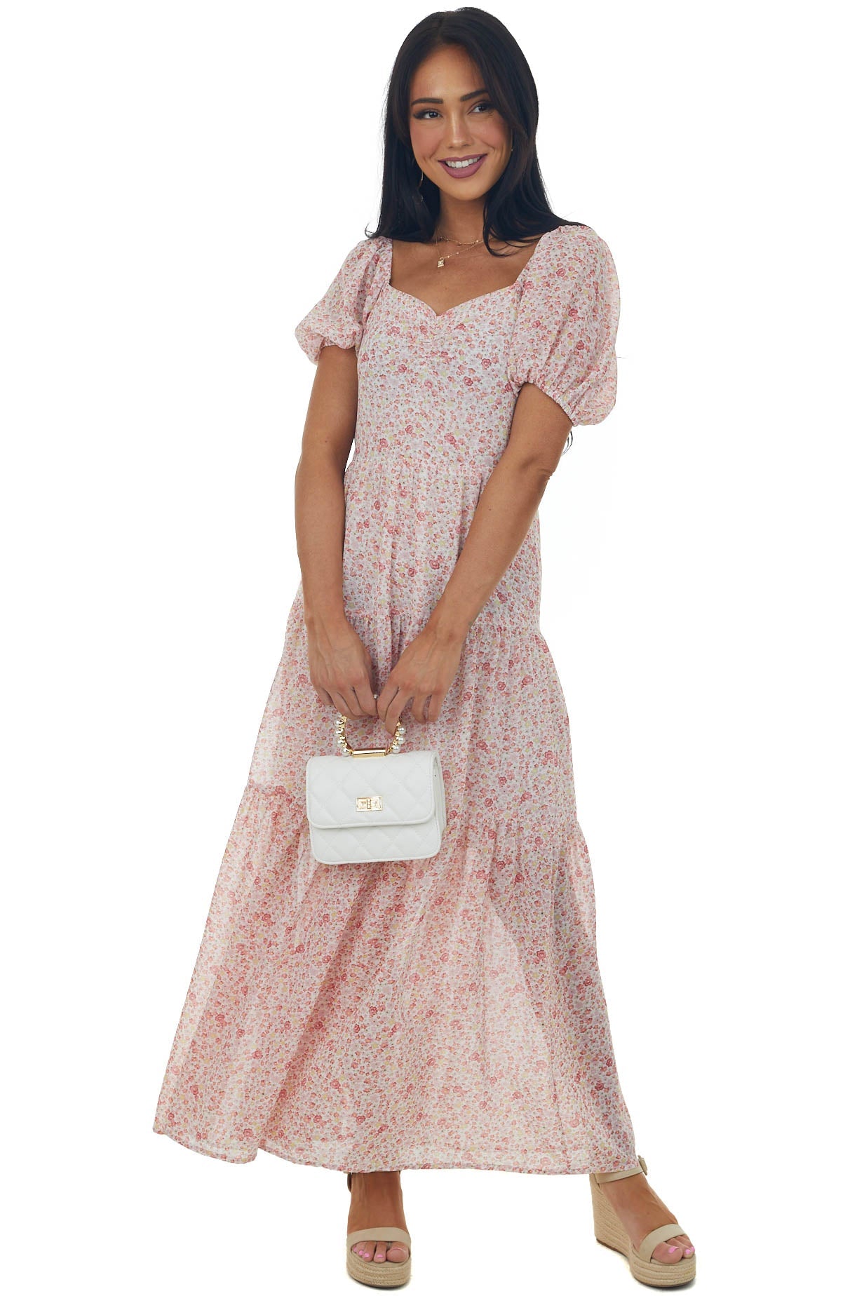 Cherry Blossom Floral Print Tiered Woven Maxi Dress
