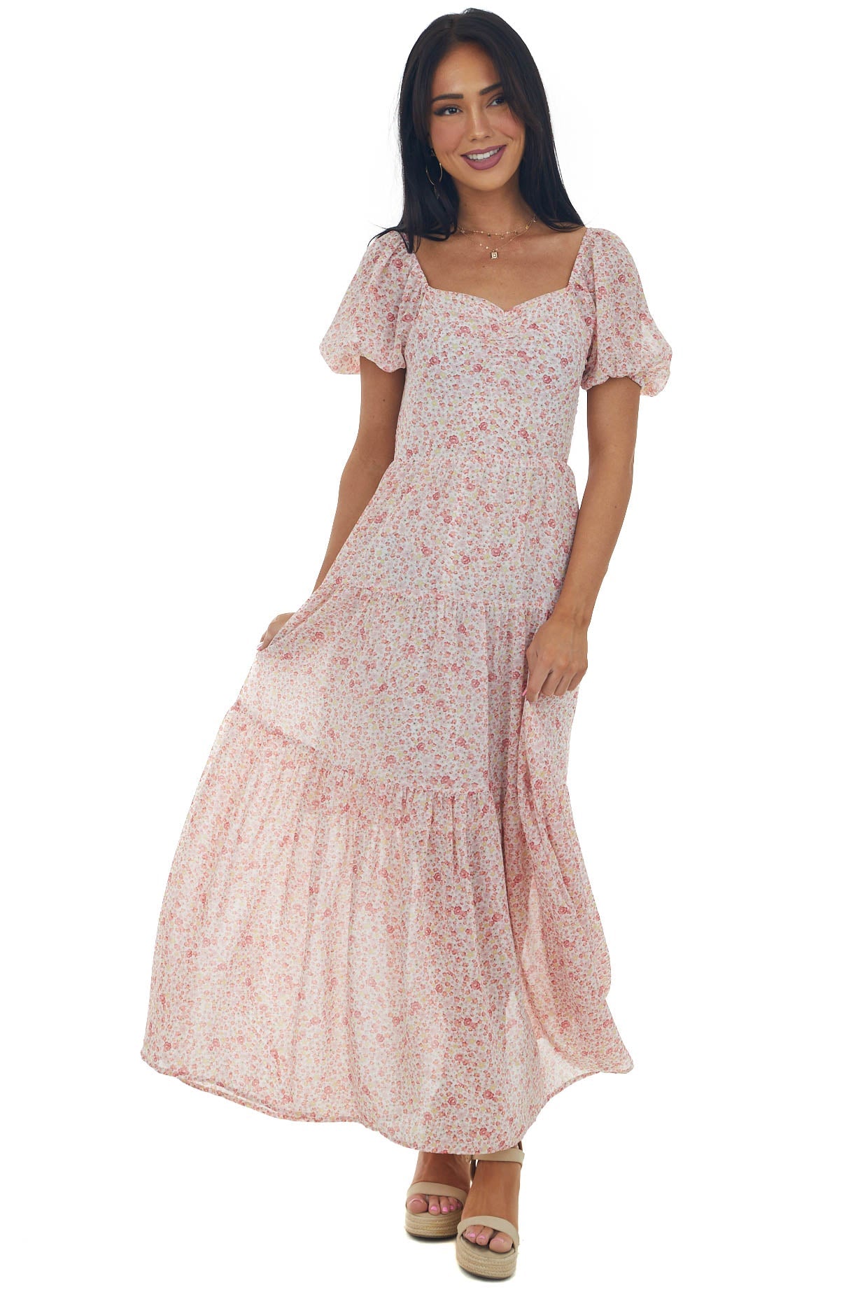 Cherry Blossom Floral Print Tiered Woven Maxi Dress