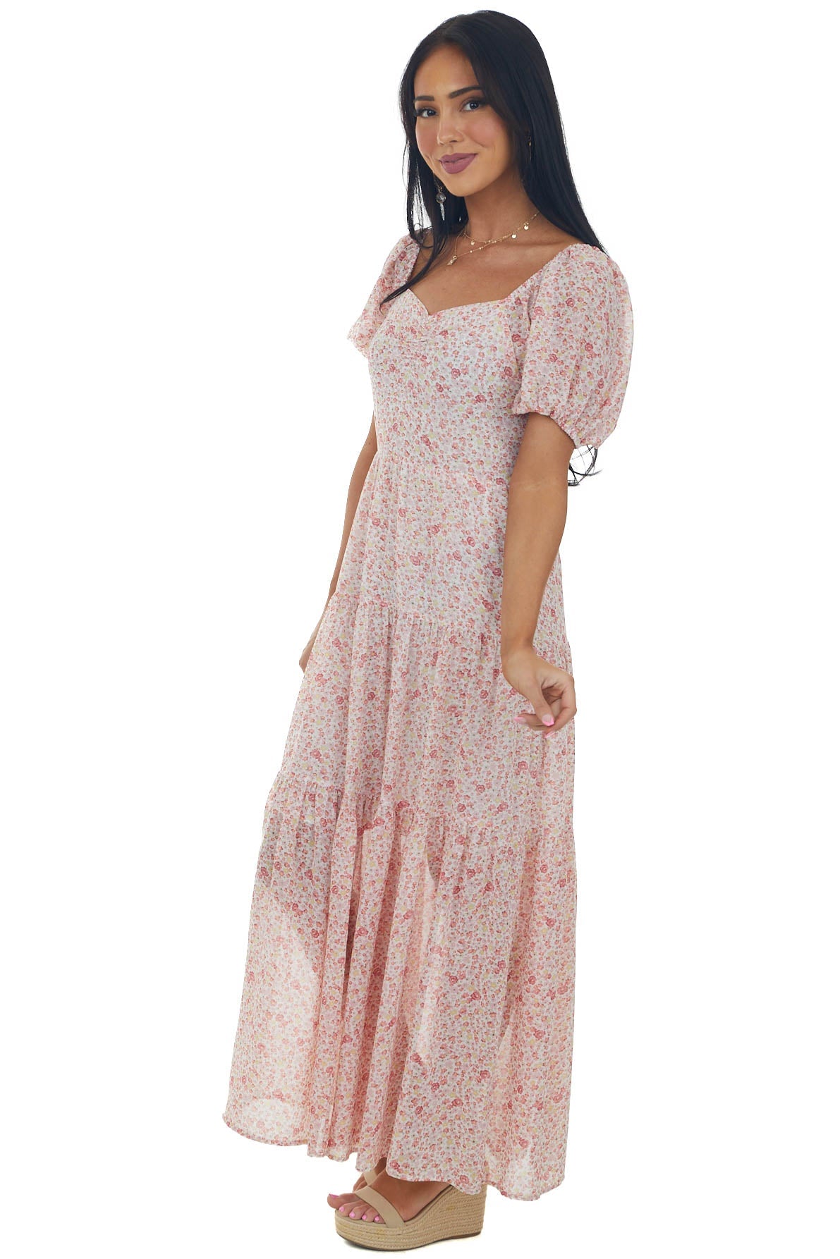 Cherry Blossom Floral Print Tiered Woven Maxi Dress