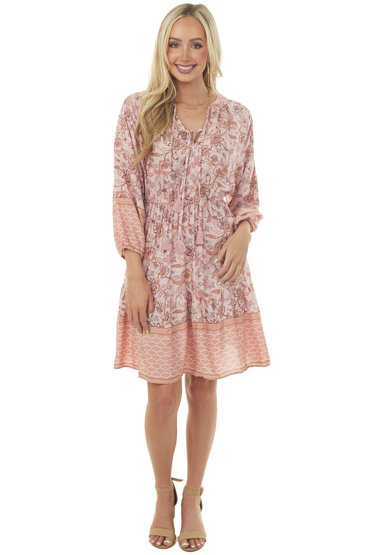 Cherry Blossom Floral Puff Sleeve Short Dress