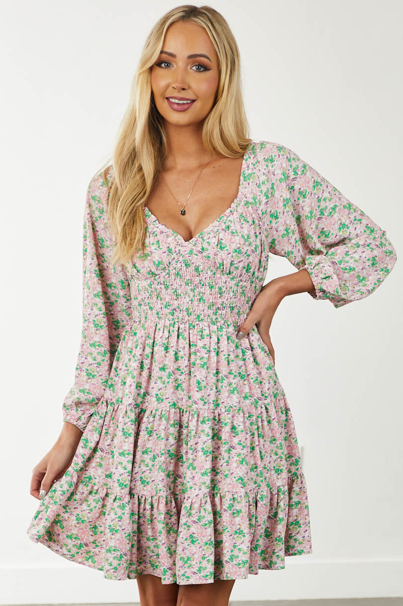 Cherry Blossom Floral Smocked Waist Tiered Dress