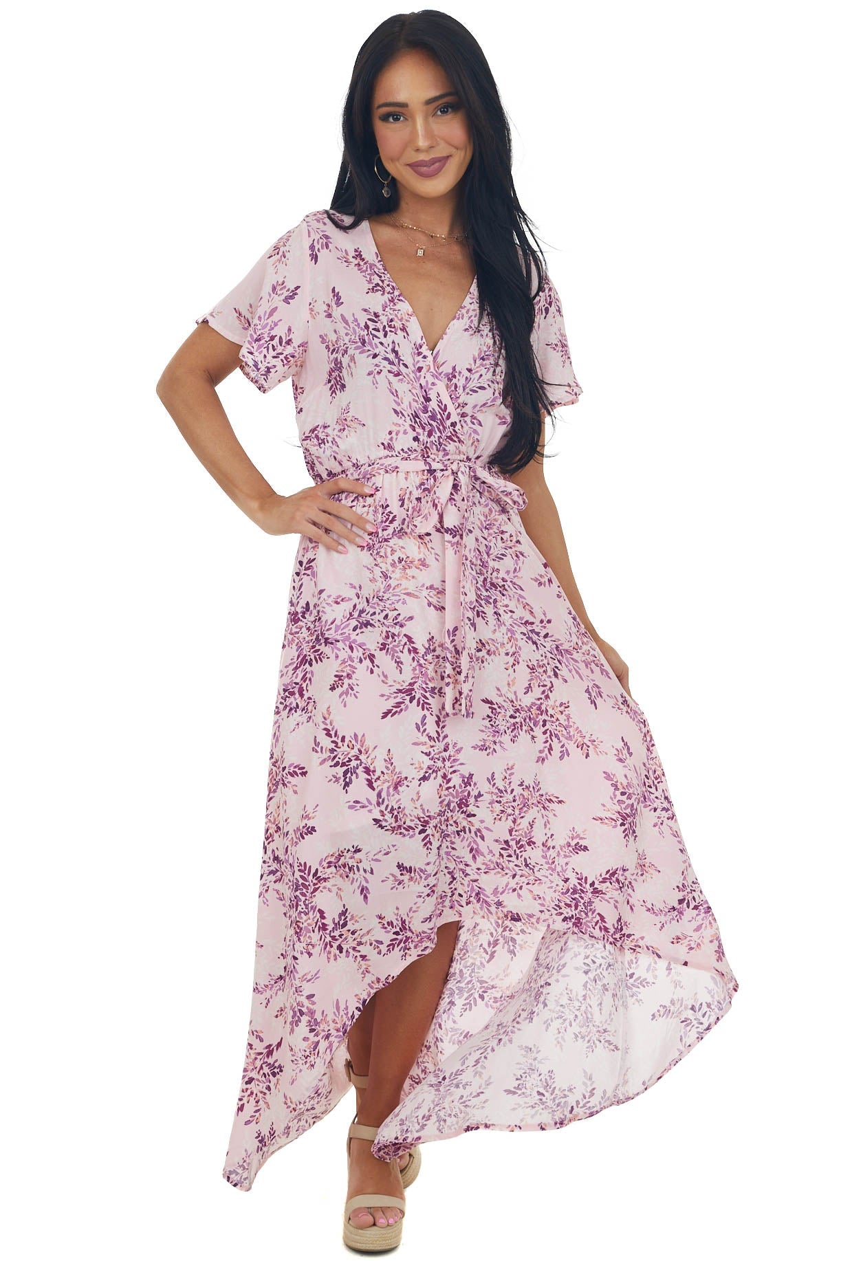 Cherry Blossom Printed Surplice High Low Dress