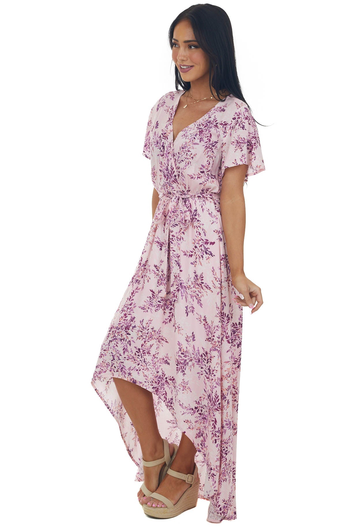 Cherry Blossom Printed Surplice High Low Dress