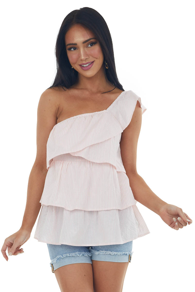 Cherry Blossom Striped Ruffle One Shoulder Top