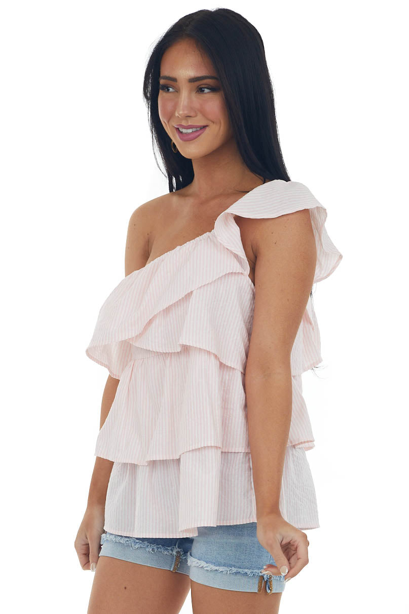 Cherry Blossom Striped Ruffle One Shoulder Top