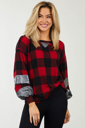 Cherry Buffalo Plaid Knit Top with Sequin Details