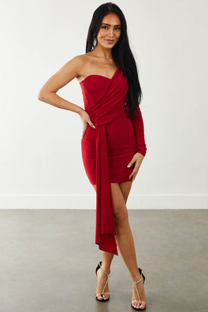 Cherry Draped One Shoulder Bodycon Mini Dress