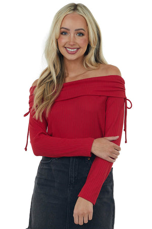 Cherry Folded Off the Shoulder Ribbed Top