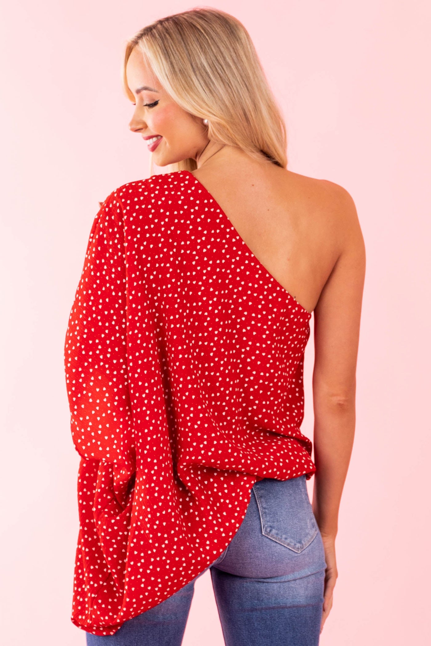 Cherry Heart One Shoulder Elastic Hem Blouse