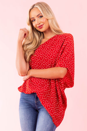 Cherry Heart One Shoulder Elastic Hem Blouse