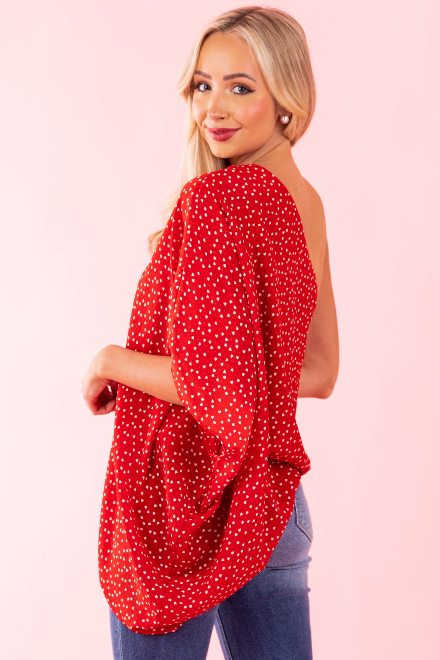Cherry Heart One Shoulder Elastic Hem Blouse