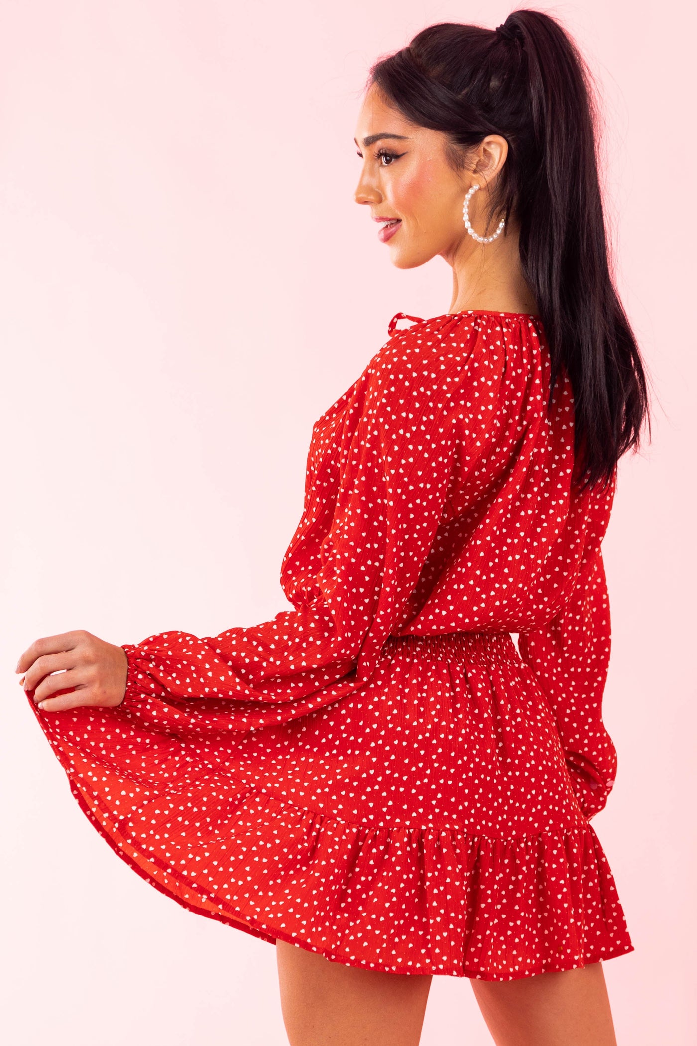Cherry Heart Print Peasant Style Smocked Dress