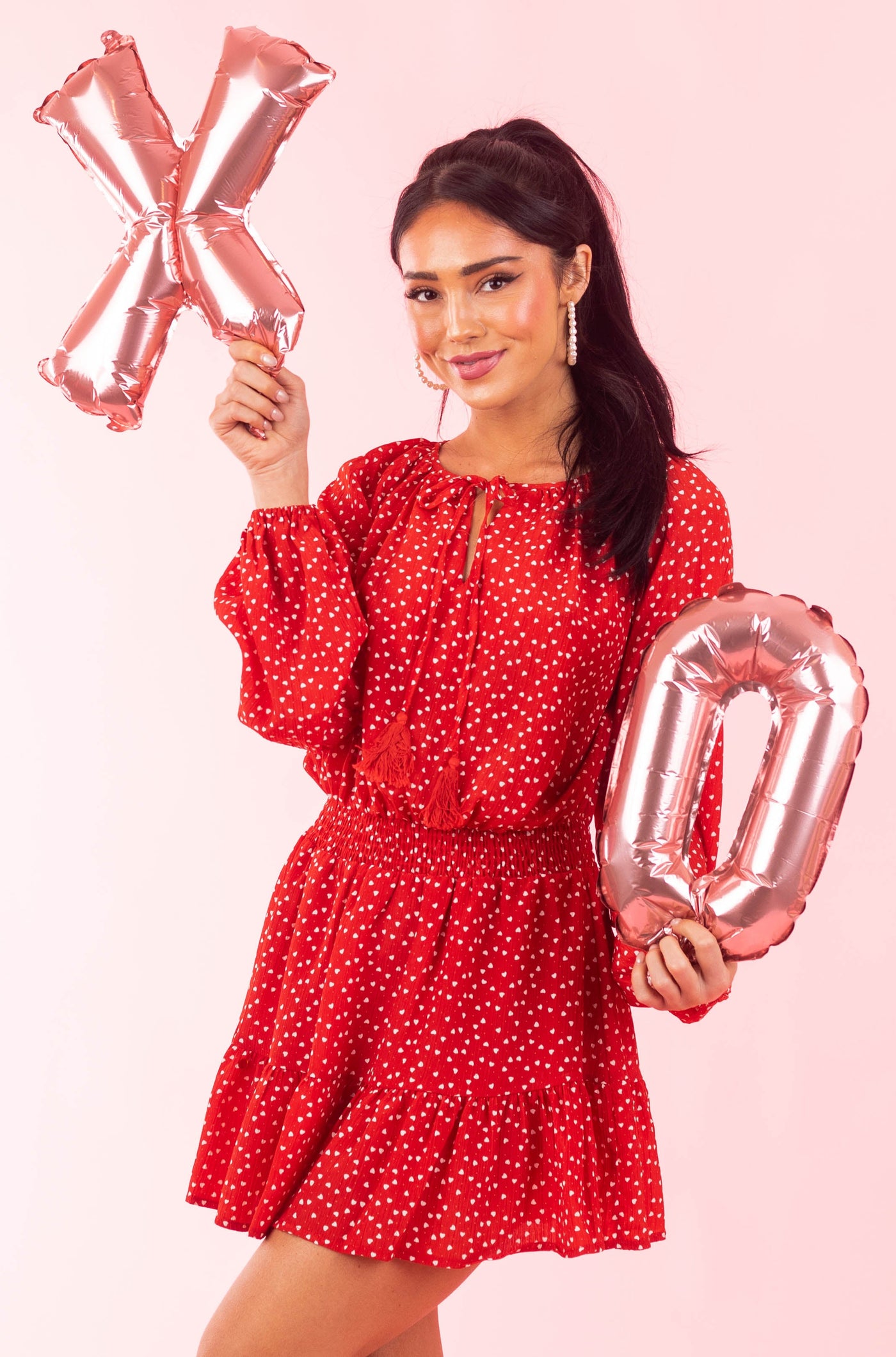 Cherry Heart Print Peasant Style Smocked Dress
