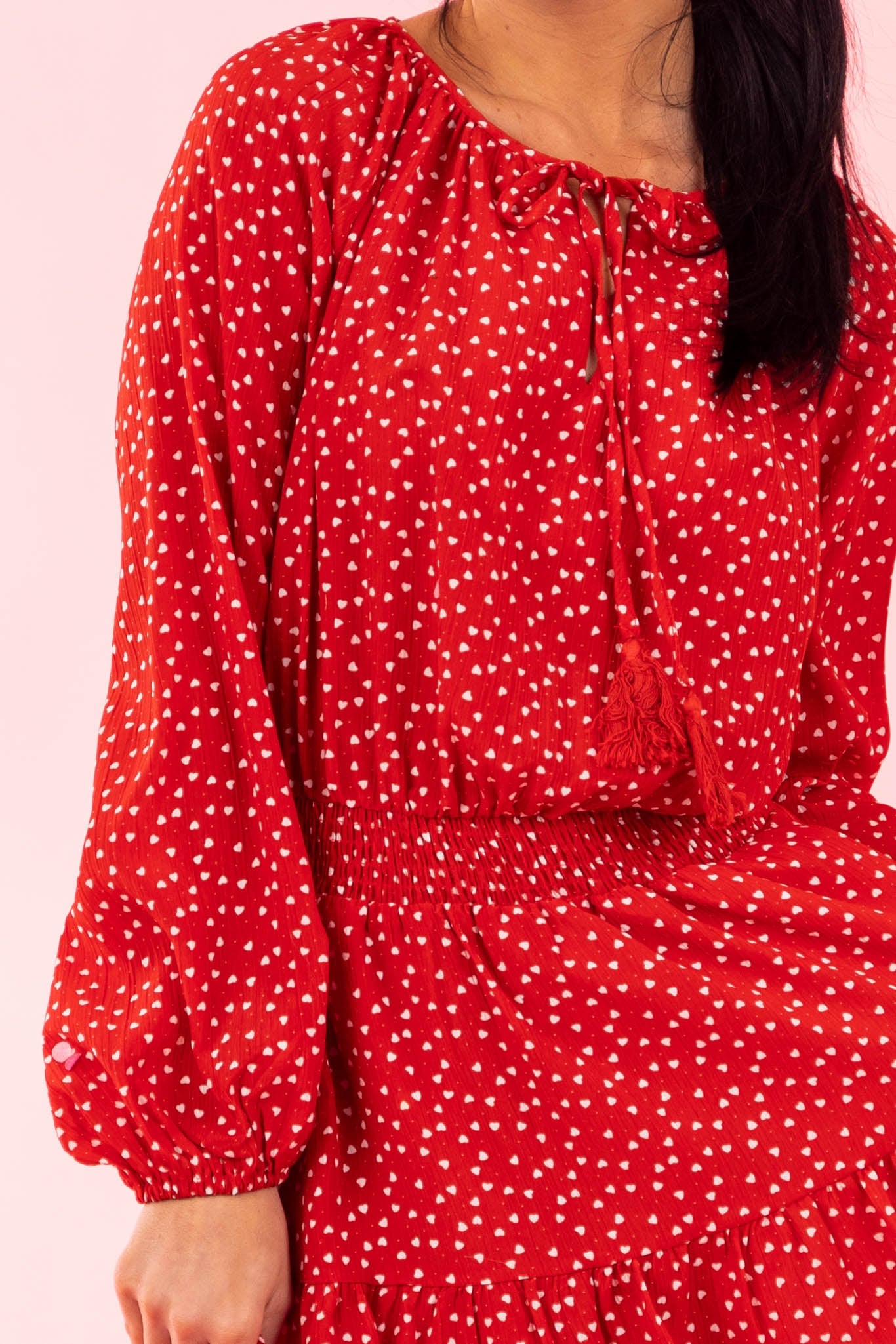 Cherry Heart Print Peasant Style Smocked Dress