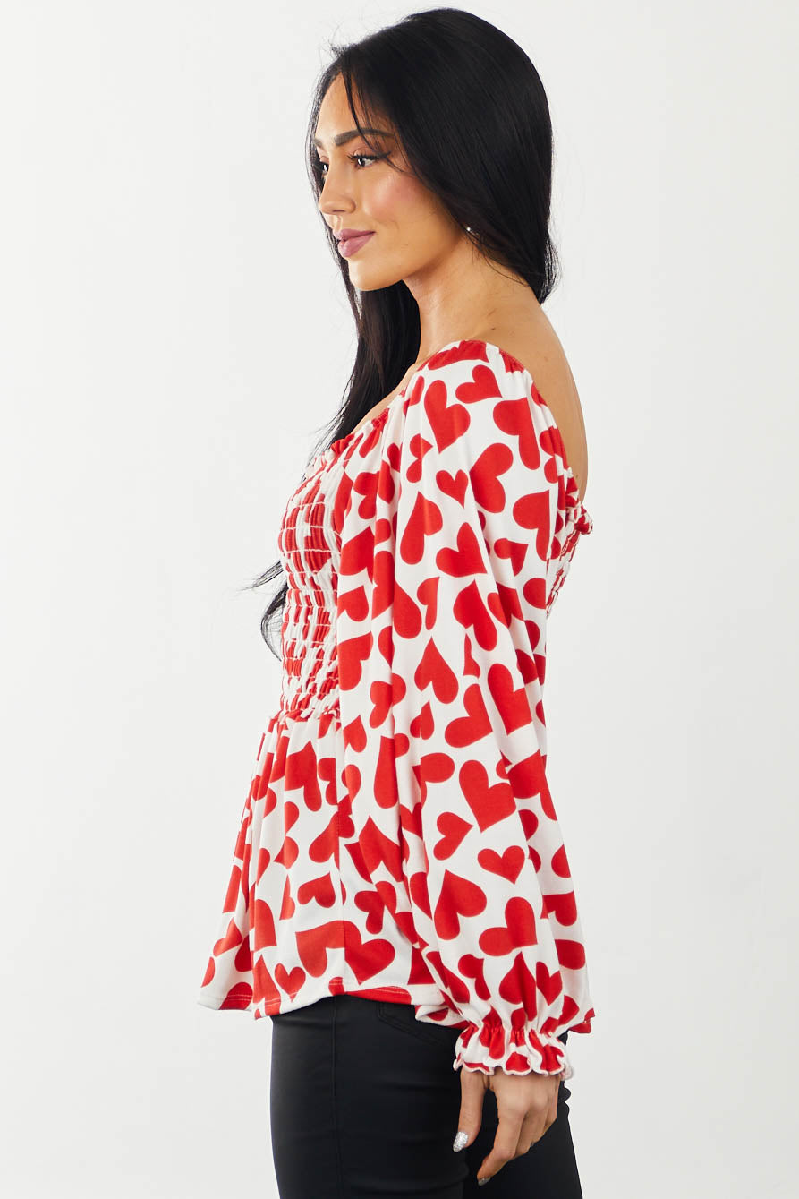 Cherry Heart Print Smocked Puff Sleeve Knit Top