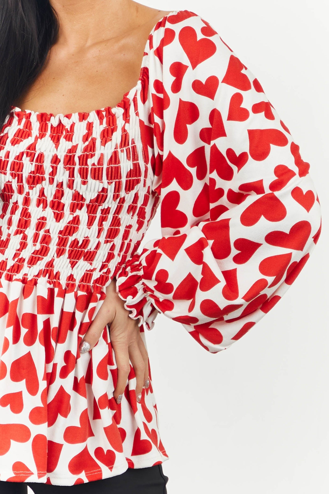 Cherry Heart Print Smocked Puff Sleeve Knit Top