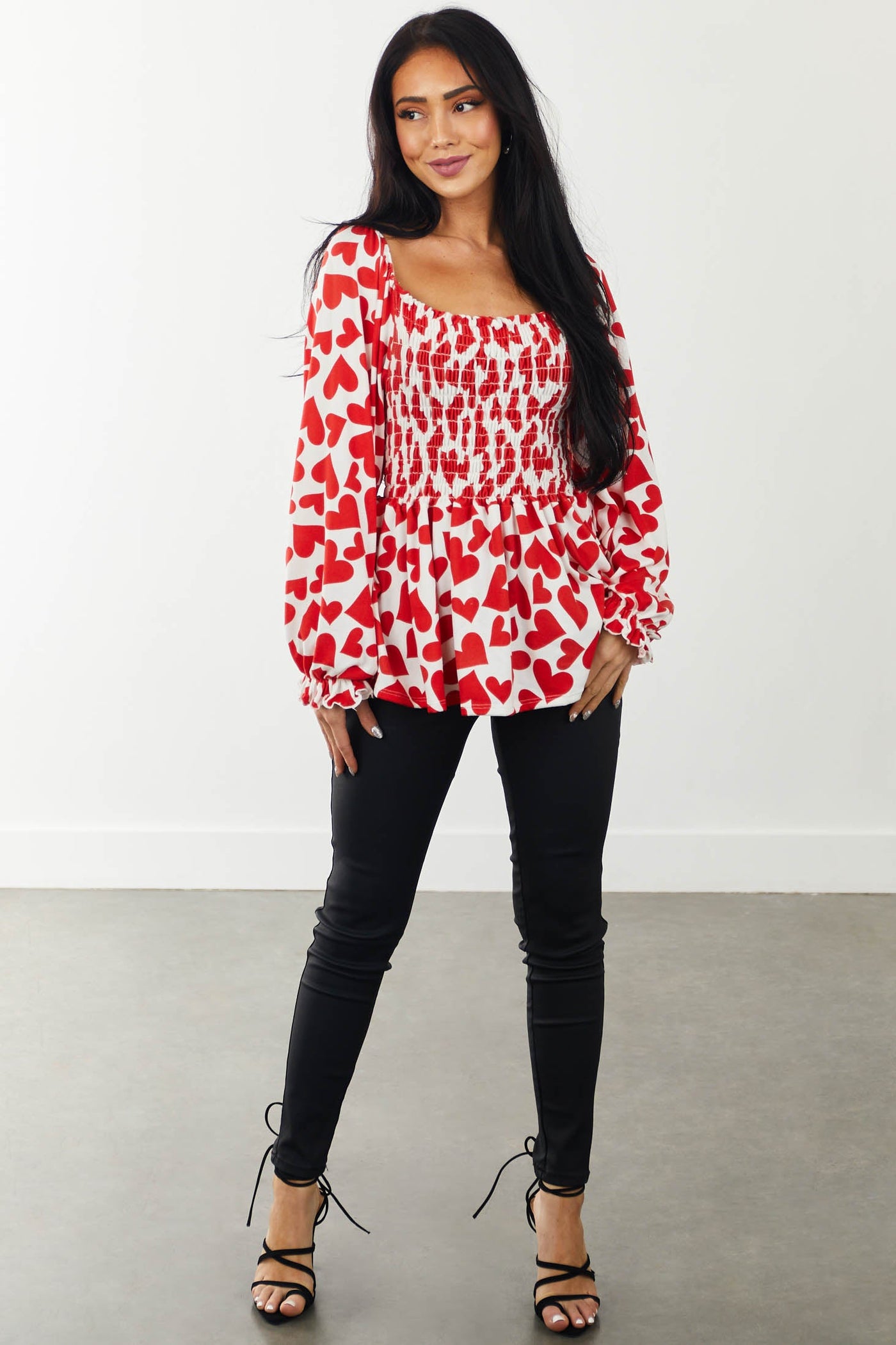 Cherry Heart Print Smocked Puff Sleeve Knit Top