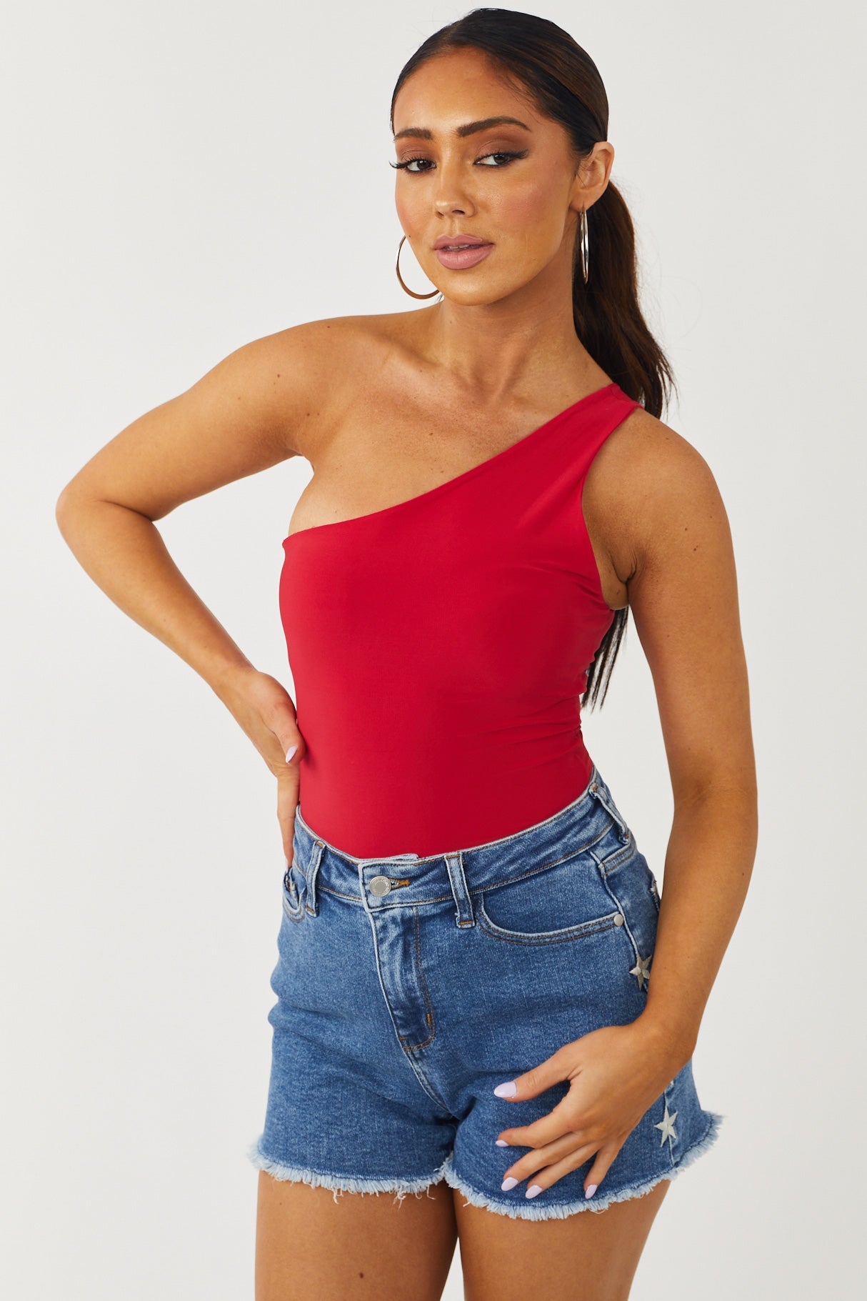 Cherry One Shoulder Stretchy Knit Bodysuit