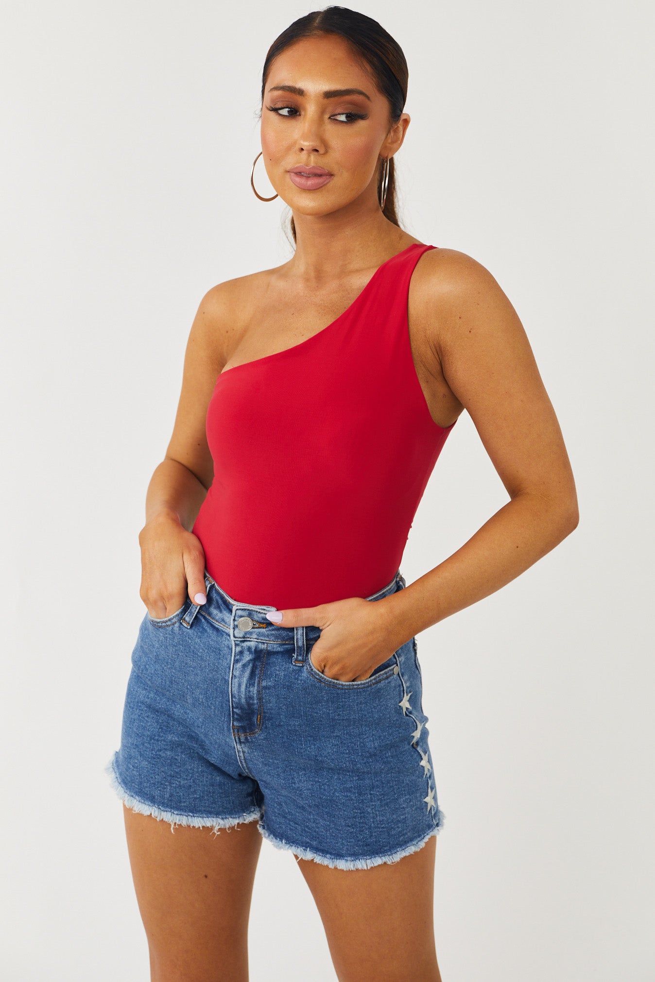 Cherry One Shoulder Stretchy Knit Bodysuit