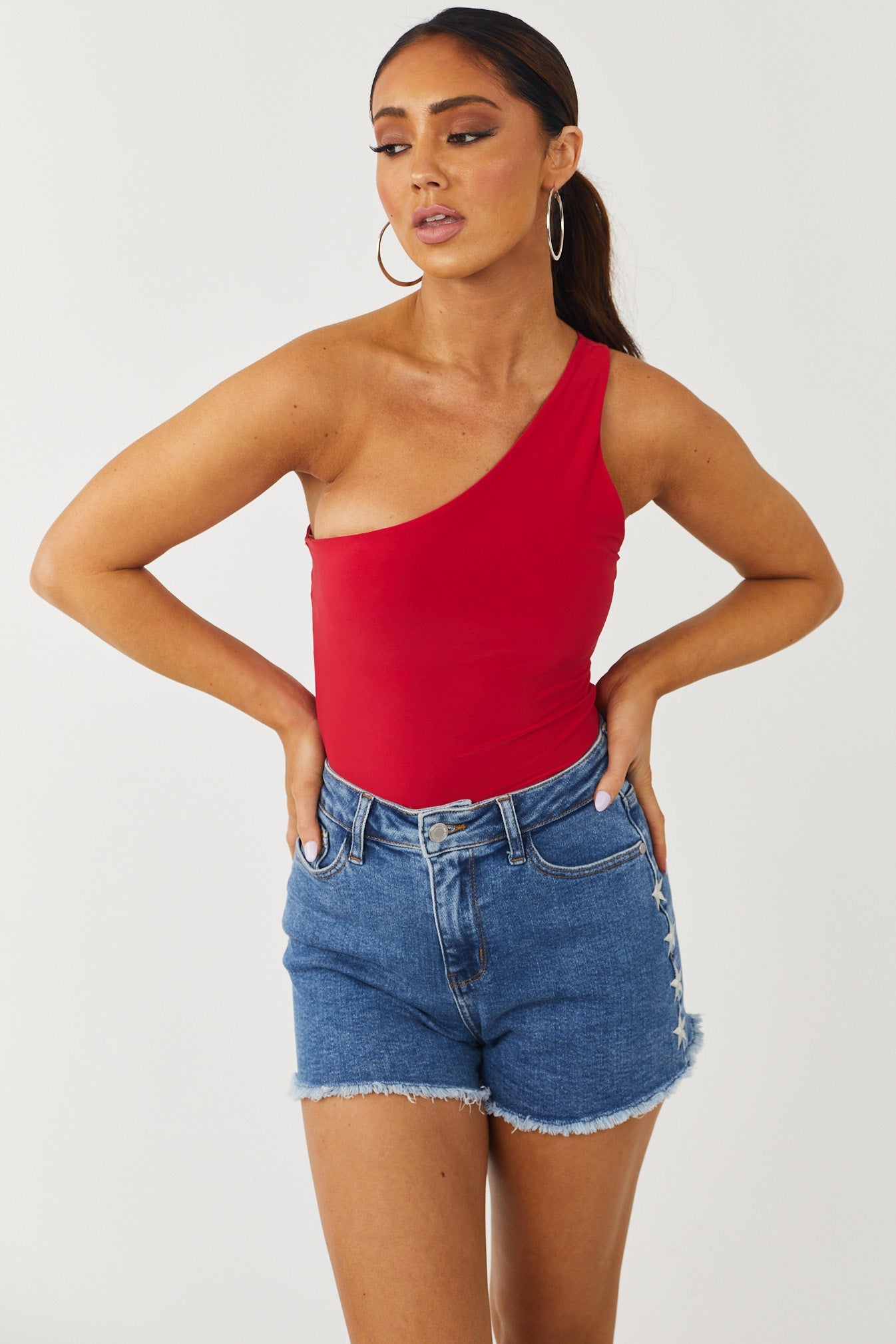 Cherry One Shoulder Stretchy Knit Bodysuit