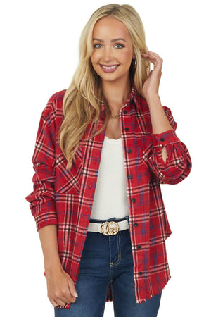 Cherry Plaid Frayed Hem Light Fleece Shacket