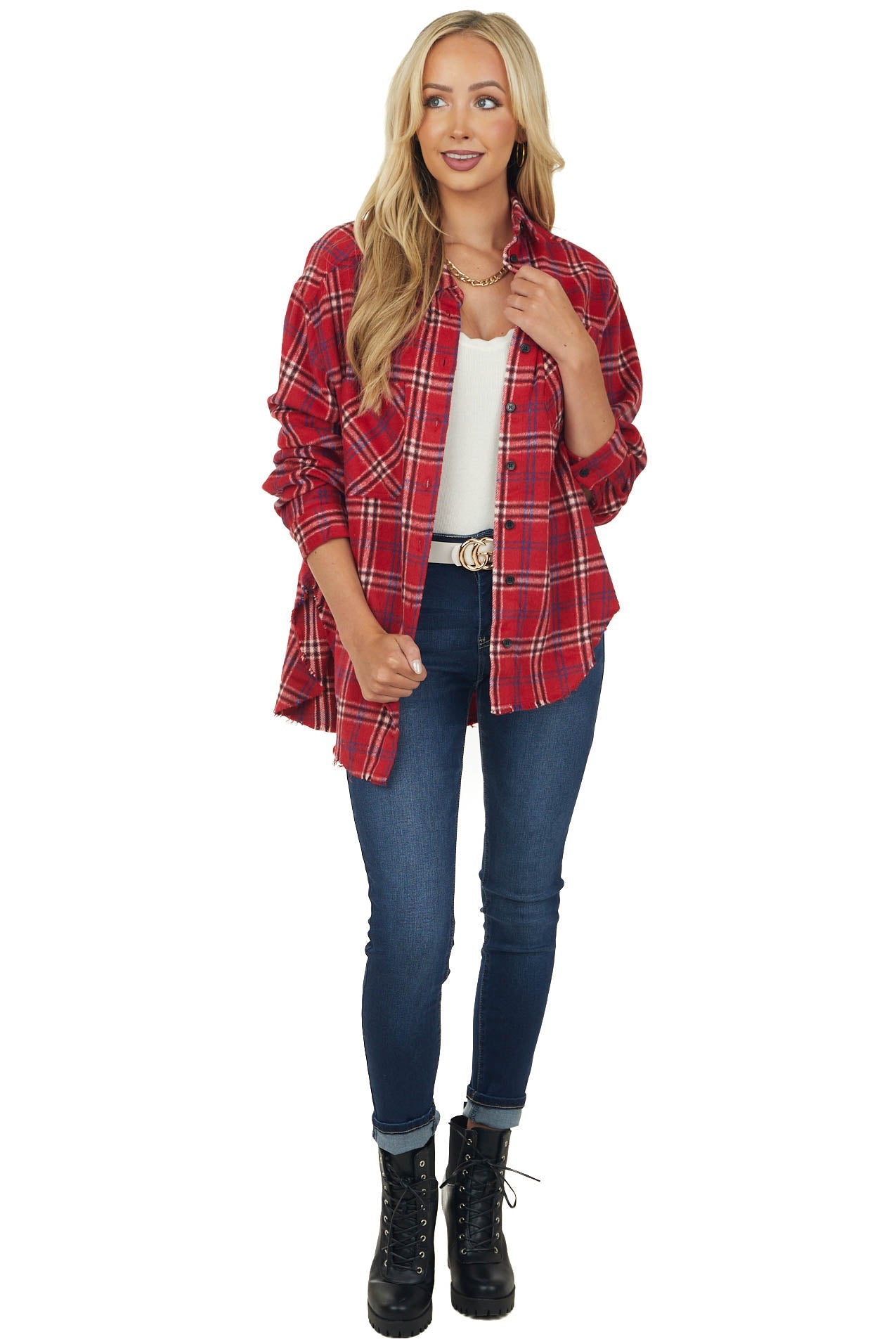 Cherry Plaid Frayed Hem Light Fleece Shacket