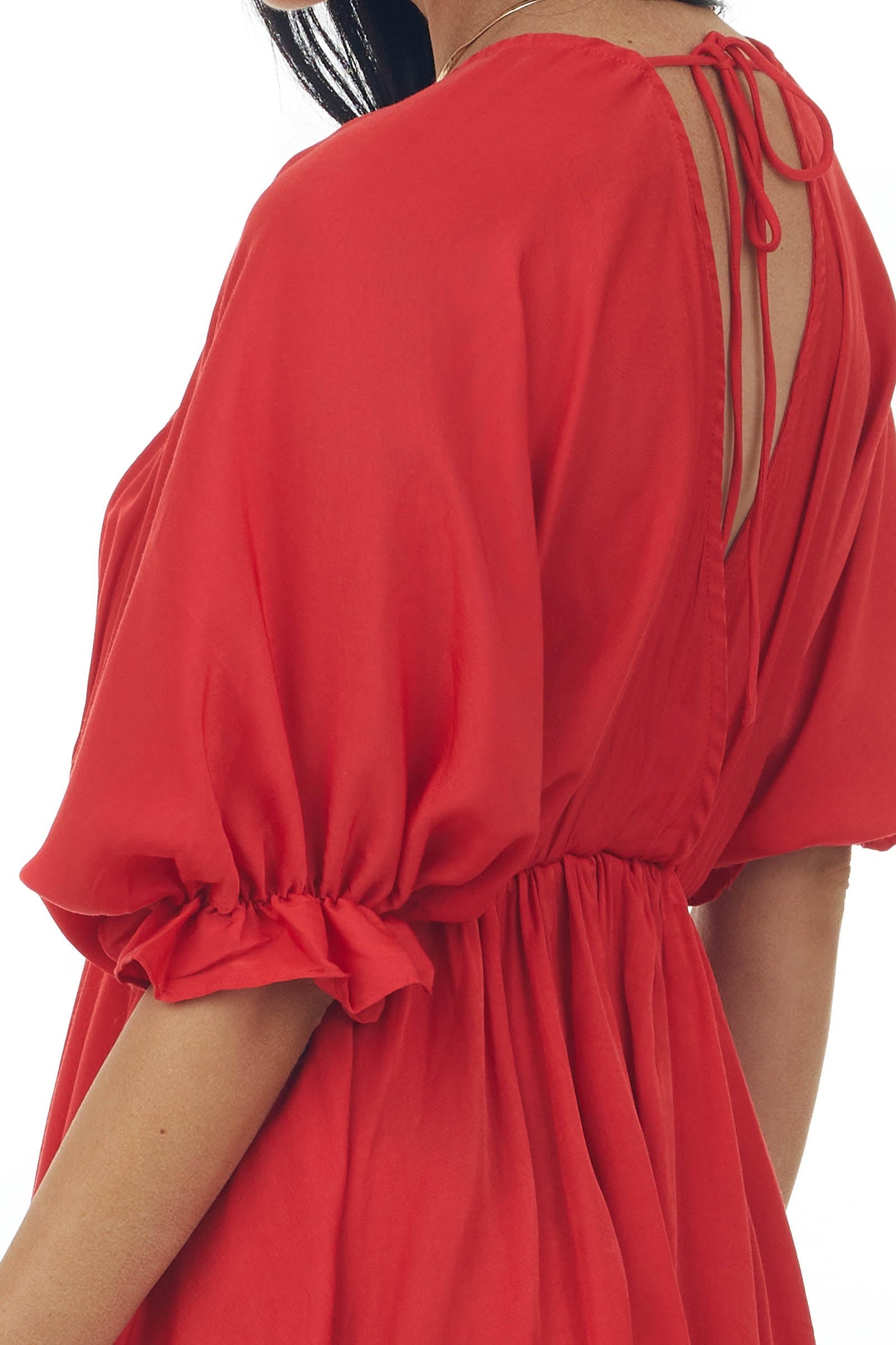 Cherry Plunging Neck Balloon Sleeve Dress