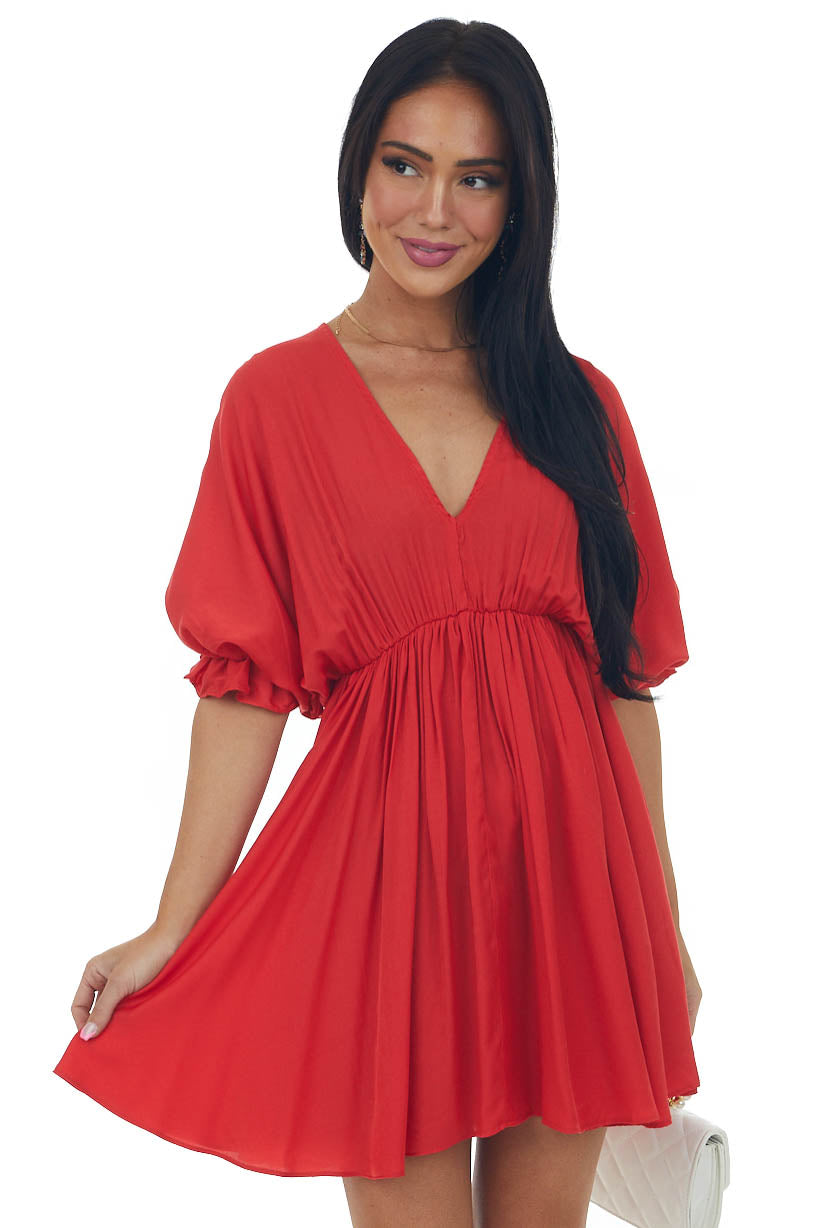 Cherry Plunging Neck Balloon Sleeve Dress