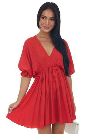 Cherry Plunging Neck Balloon Sleeve Dress