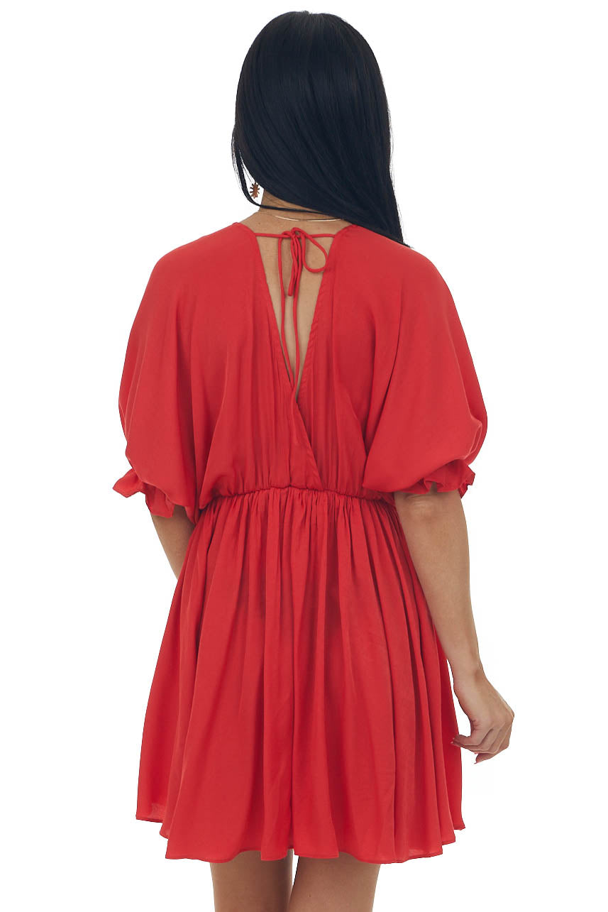 Cherry Plunging Neck Balloon Sleeve Dress