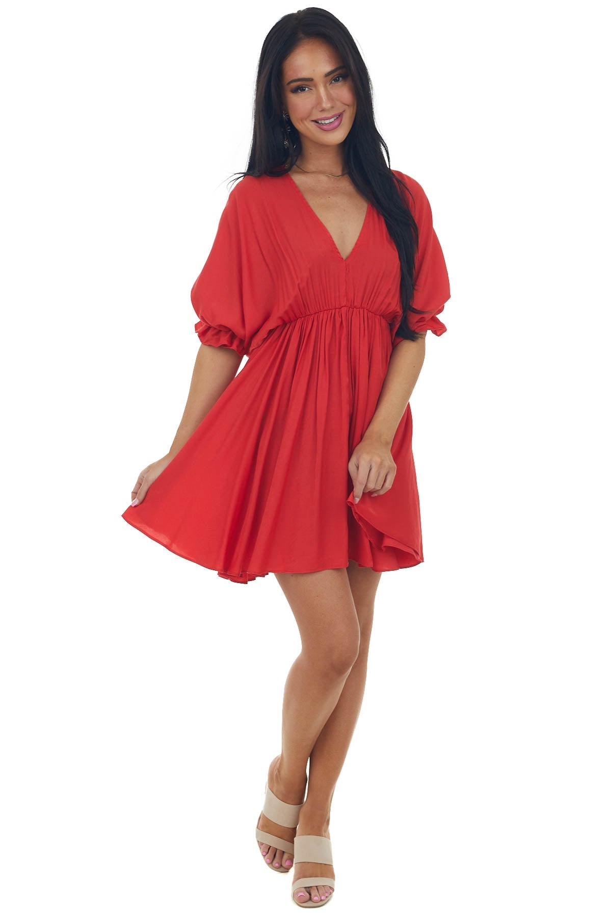 Cherry Plunging Neck Balloon Sleeve Dress