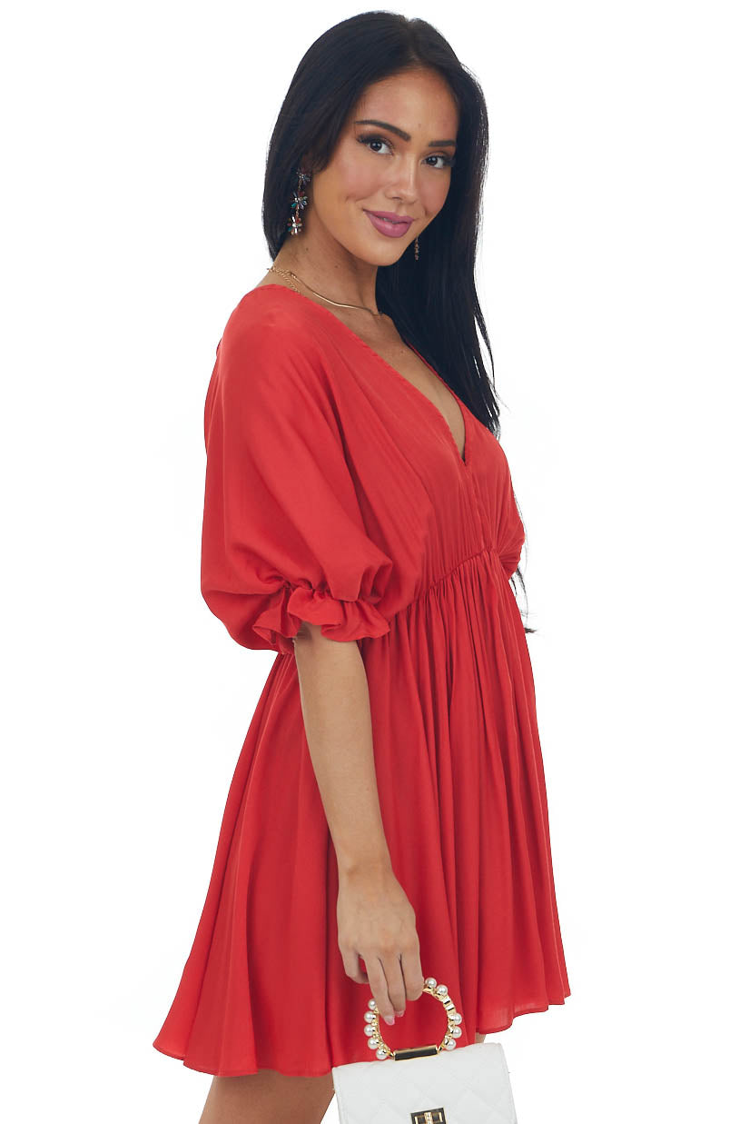 Cherry Plunging Neck Balloon Sleeve Dress