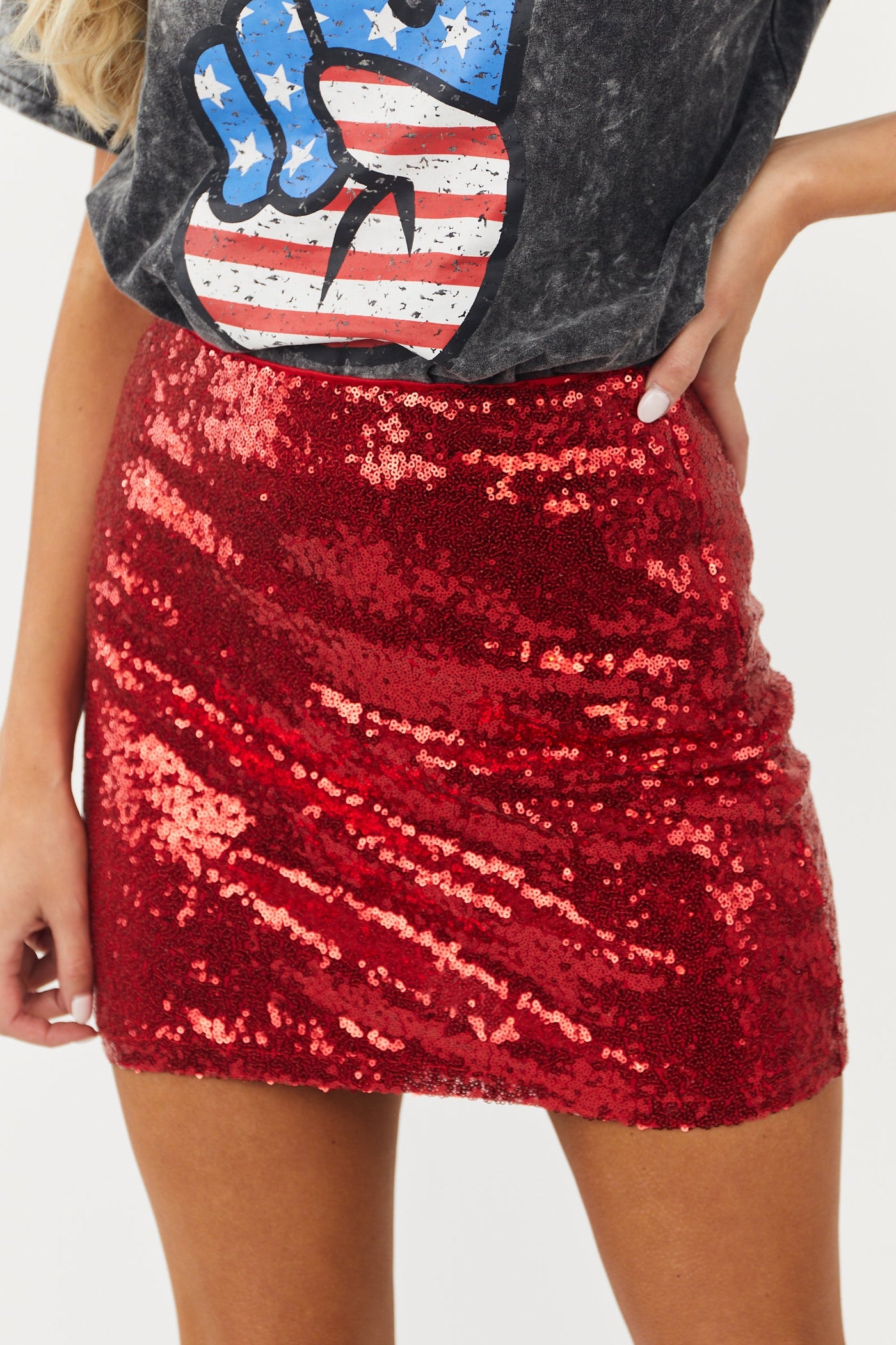 Cherry Red Sequined Mini Pencil Skirt