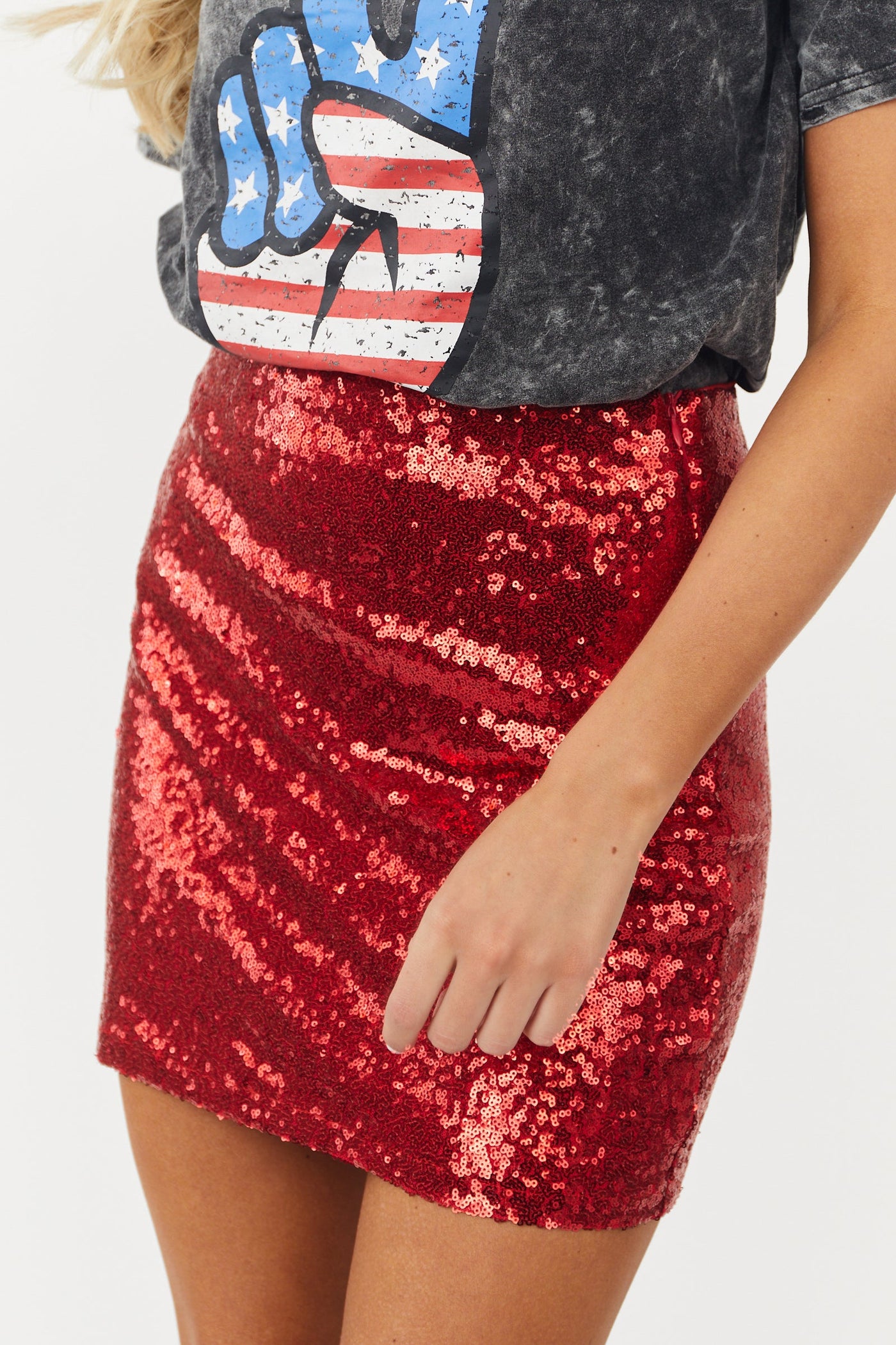 Cherry Red Sequined Mini Pencil Skirt