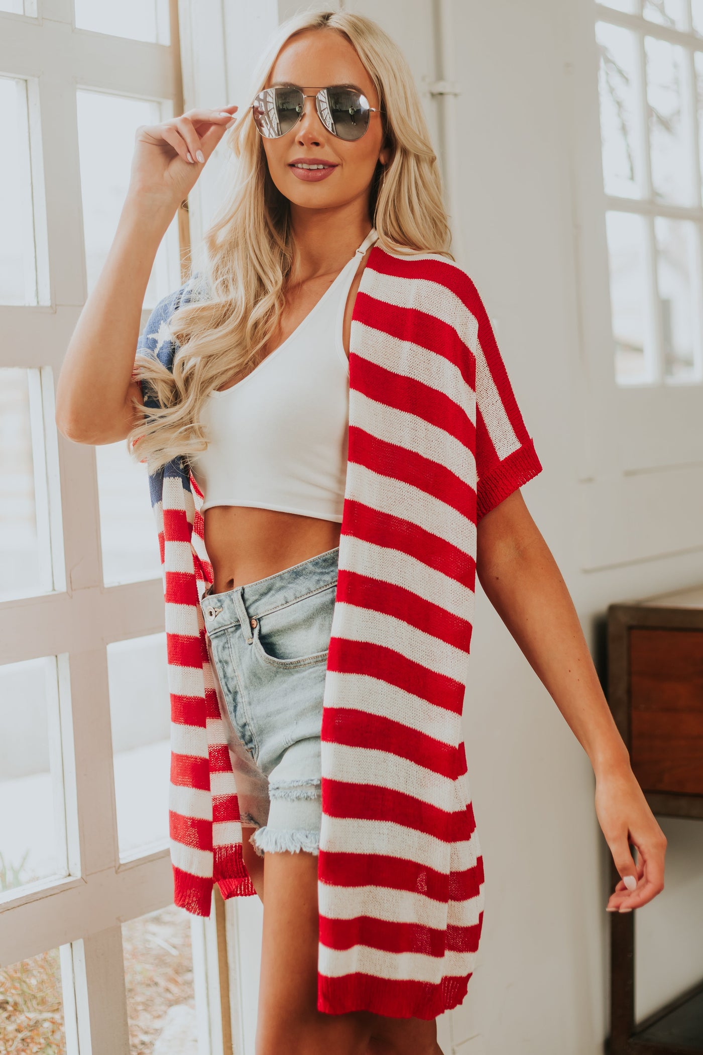 Cherry Red Stars and Stripes Knit Cardigan