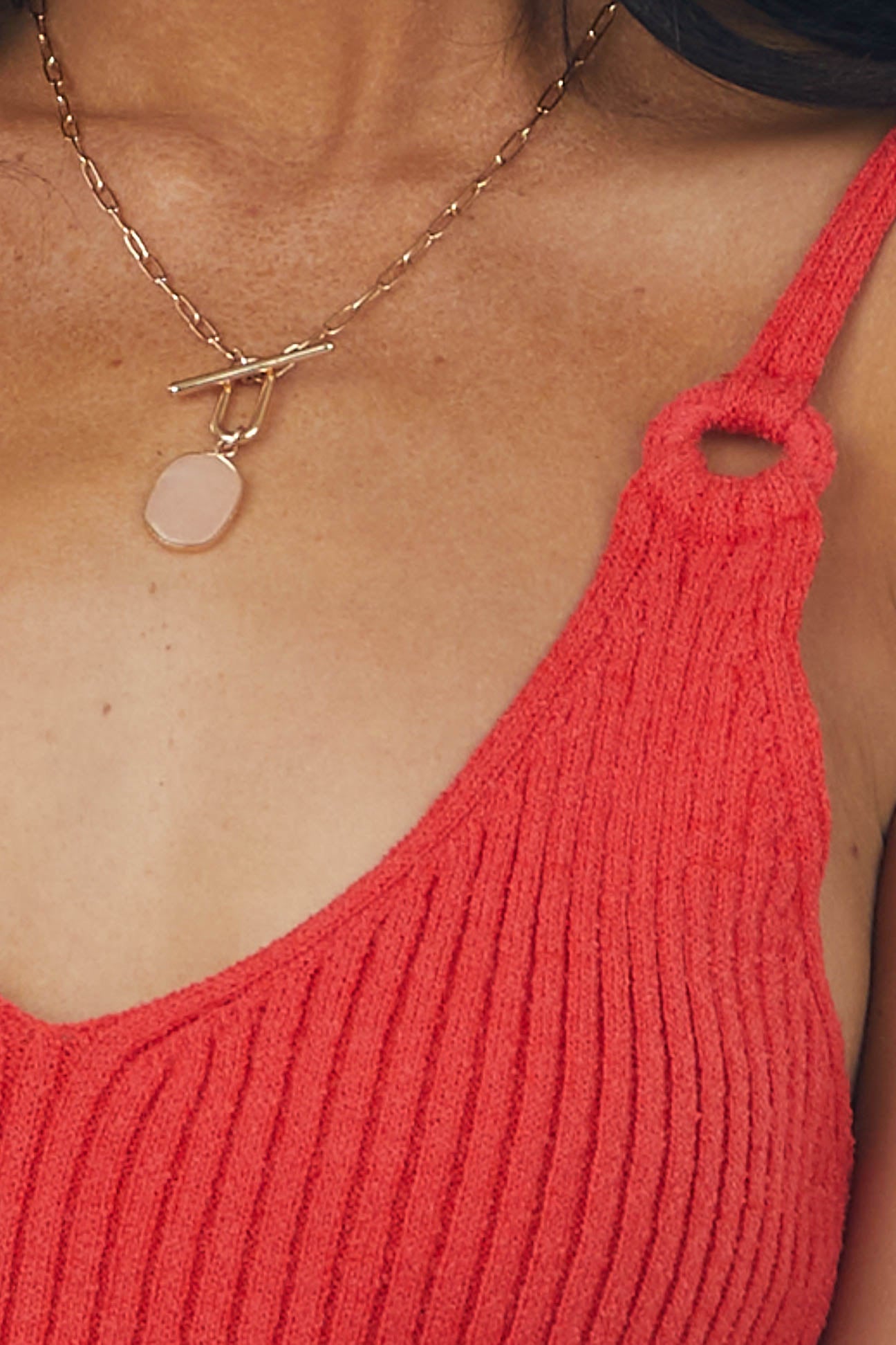 Cherry Ring Strap V Neck Ribbed Knit Tank Top