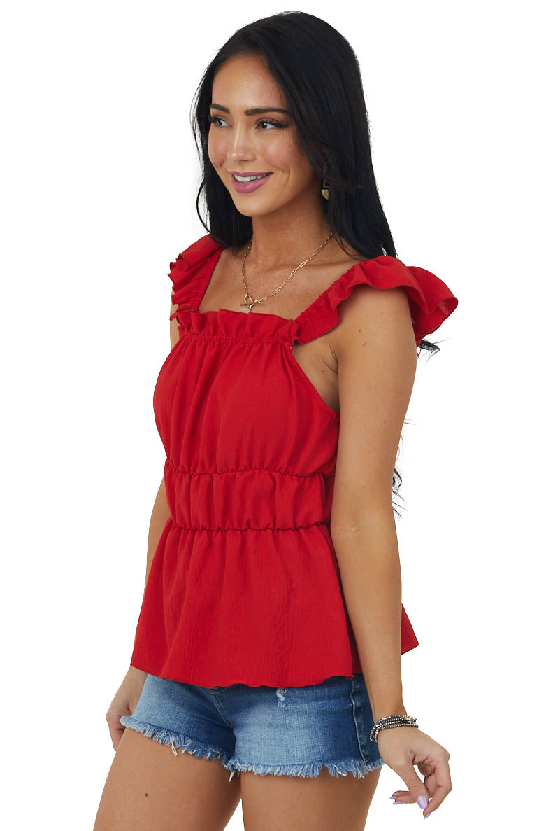 Cherry Ruffle Strap Elastic Waist Peplum Top