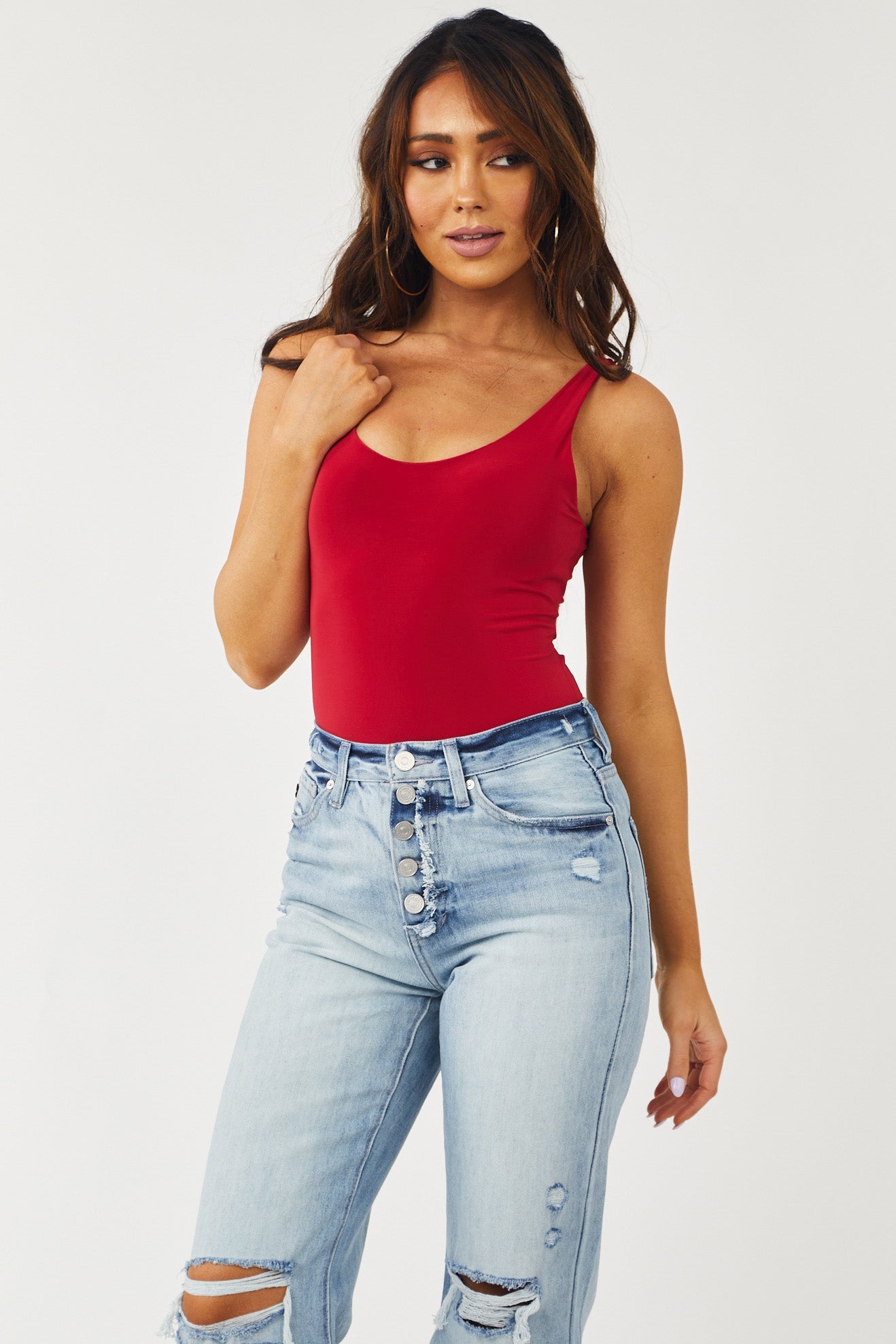 Cherry Scoop Neck Sleeveless Silky Knit Bodysuit