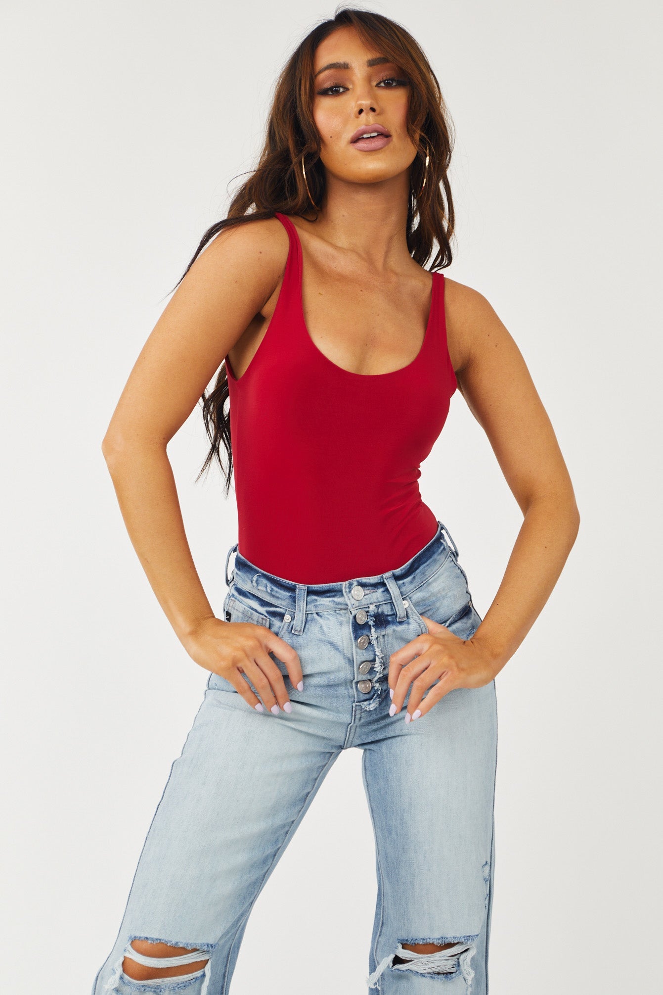 Cherry Scoop Neck Sleeveless Silky Knit Bodysuit