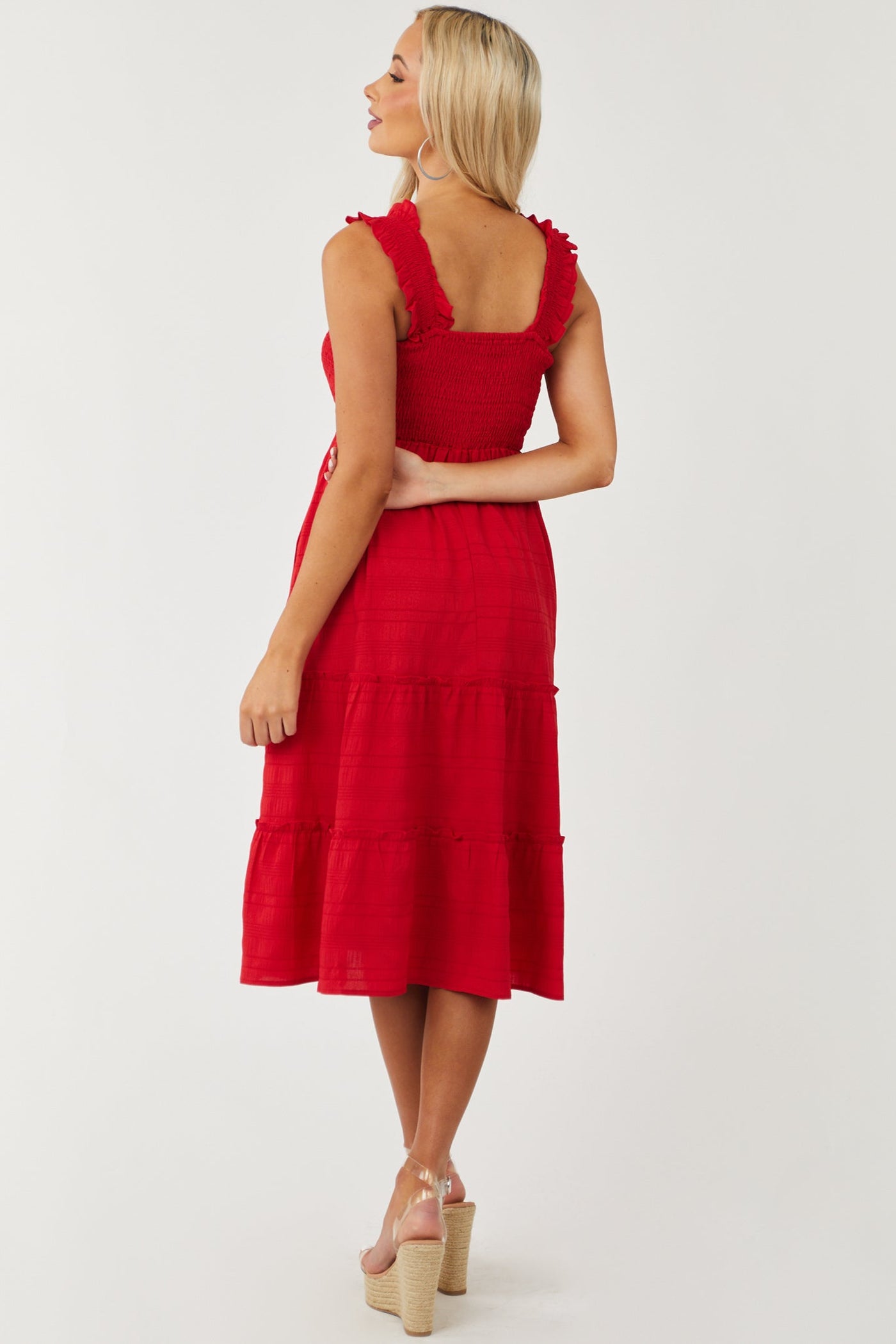 Cherry Smocked Ruffle Strap Tiered Midi Dress