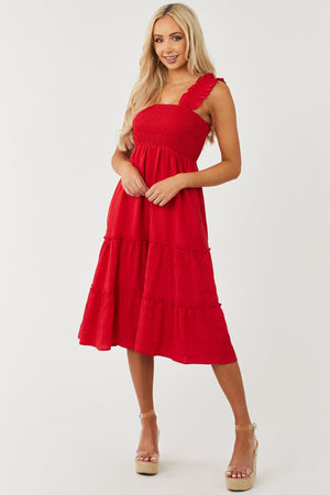 Cherry Smocked Ruffle Strap Tiered Midi Dress