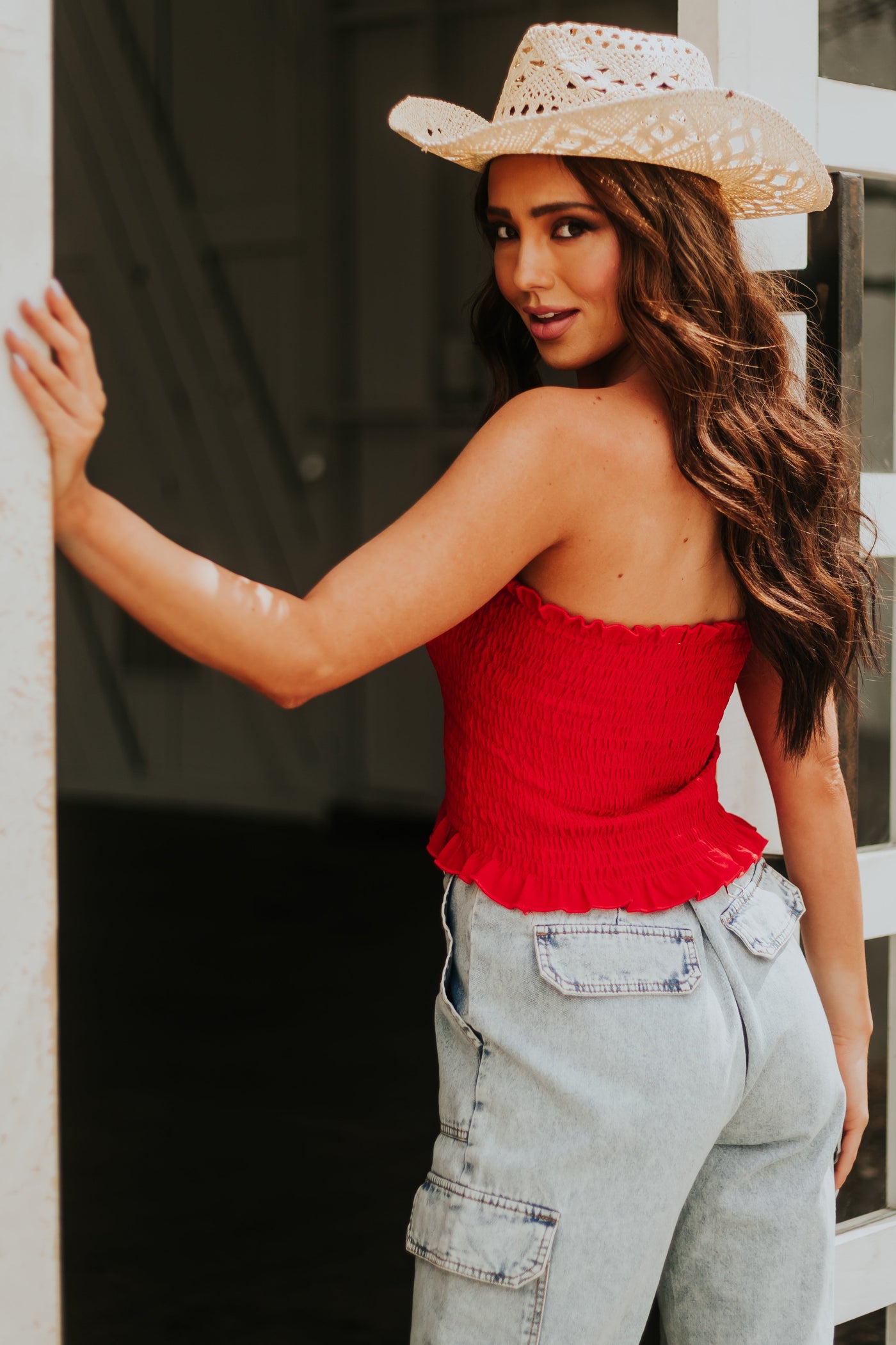 Cherry Smocked Strapless Ruffle Hem Bandeau Top