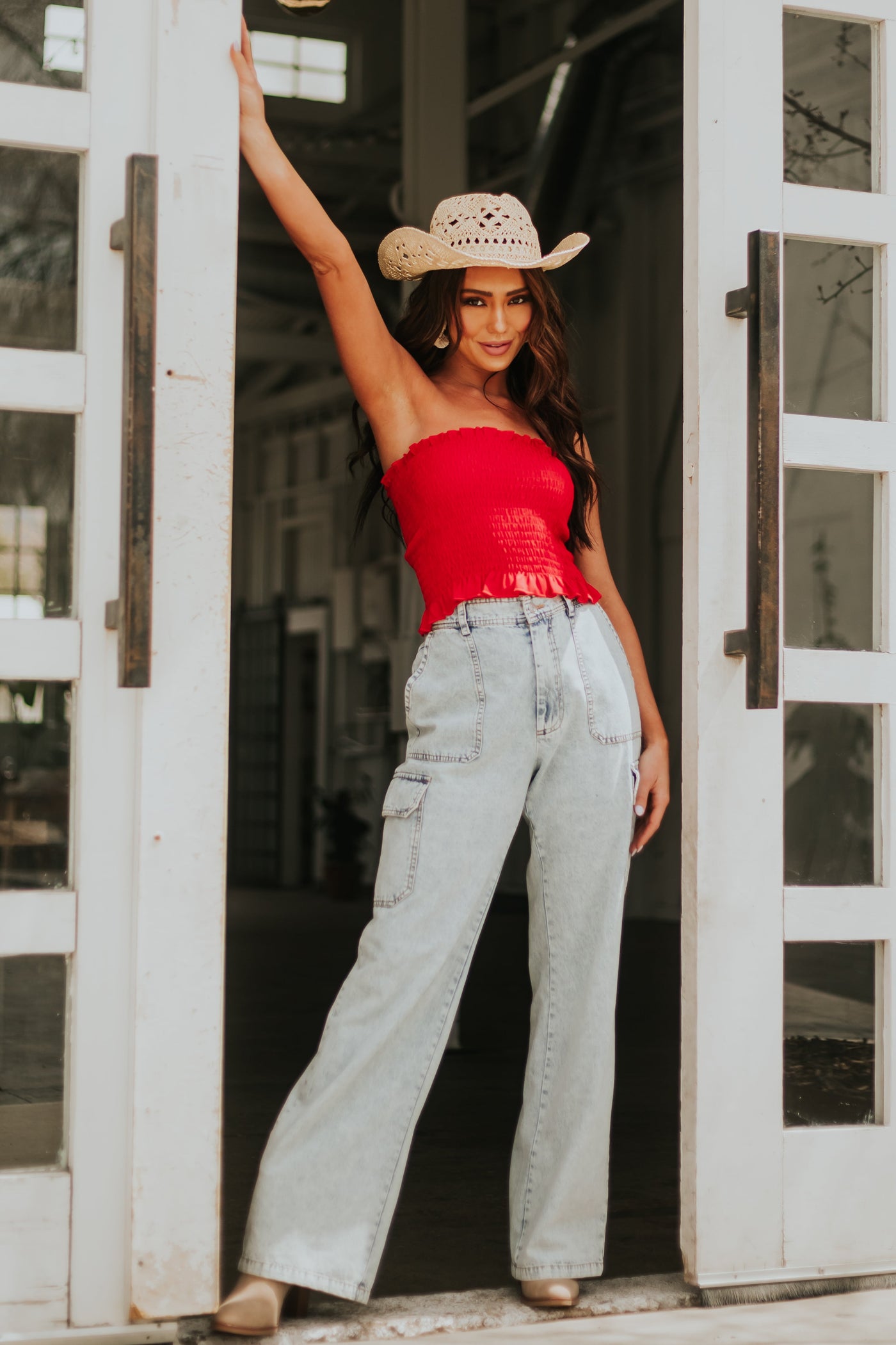 Cherry Smocked Strapless Ruffle Hem Bandeau Top