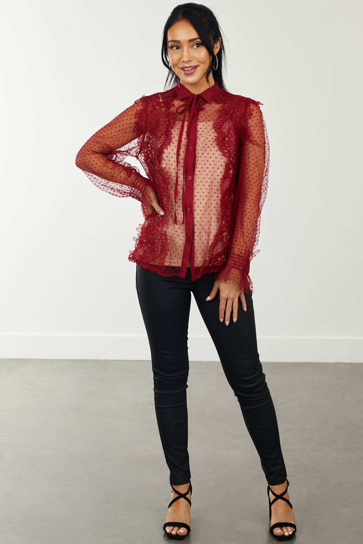 Cherry Swiss Dot Lace Blouse with Camisole