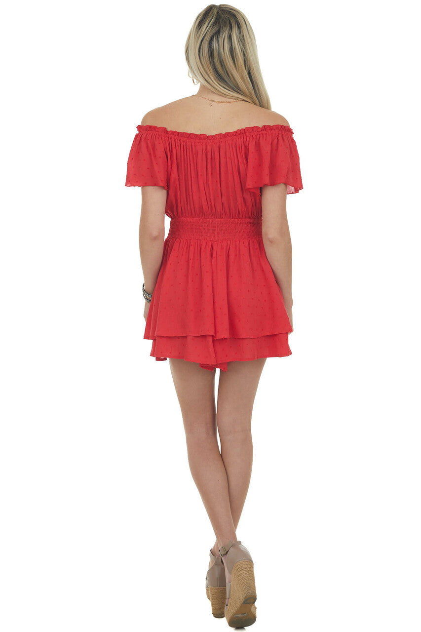 Cherry Swiss Dot Off Shoulder Smocked Romper 