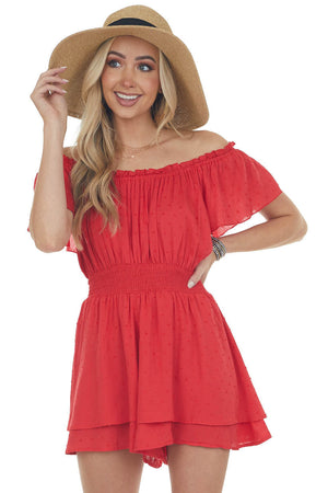 Cherry Swiss Dot Off Shoulder Smocked Romper 