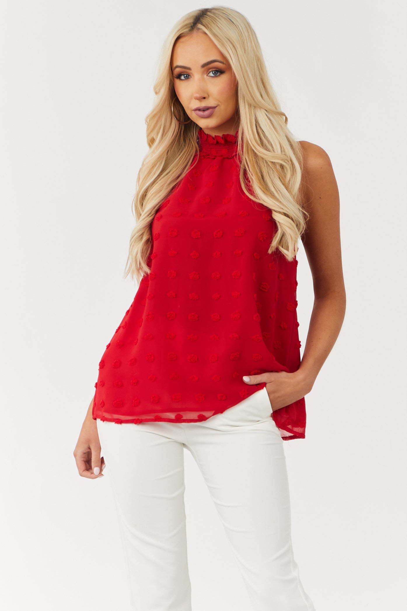 Cherry Swiss Dot Sleeveless Halter Neck Top