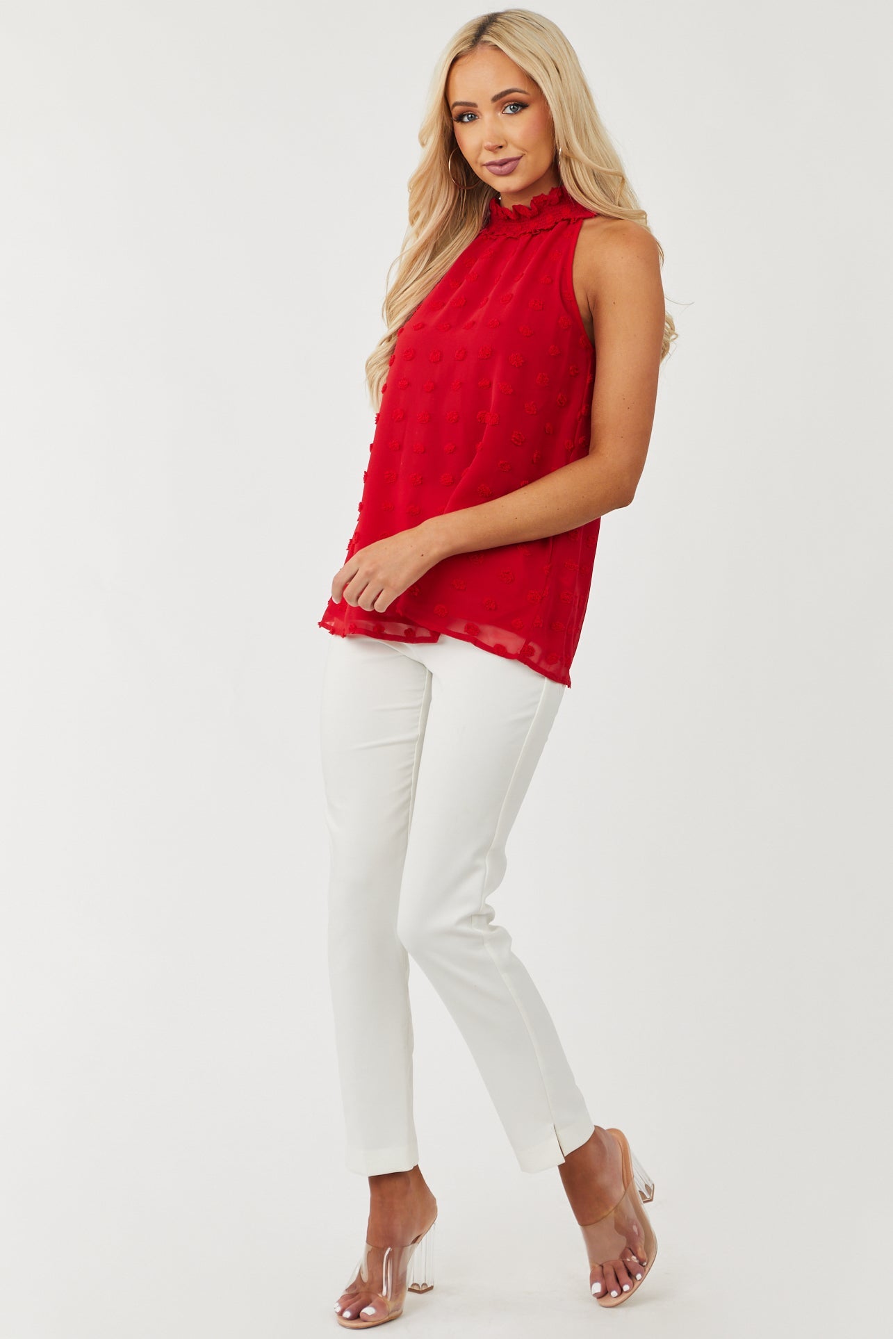 Cherry Swiss Dot Sleeveless Halter Neck Top