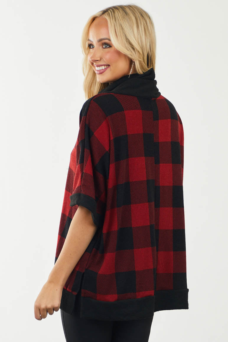 Cherry and Black Buffalo Plaid Oversized Top with Cowl Neck