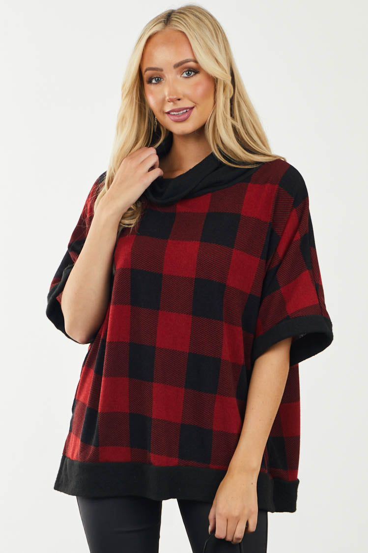 Cherry and Black Buffalo Plaid Oversized Top with Cowl Neck